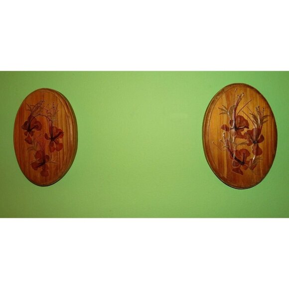 Vintage Two Oval Shaped Dried Pressed Flowers Wall Hanging Plaque farmhouse boho - Picture 5 of 9